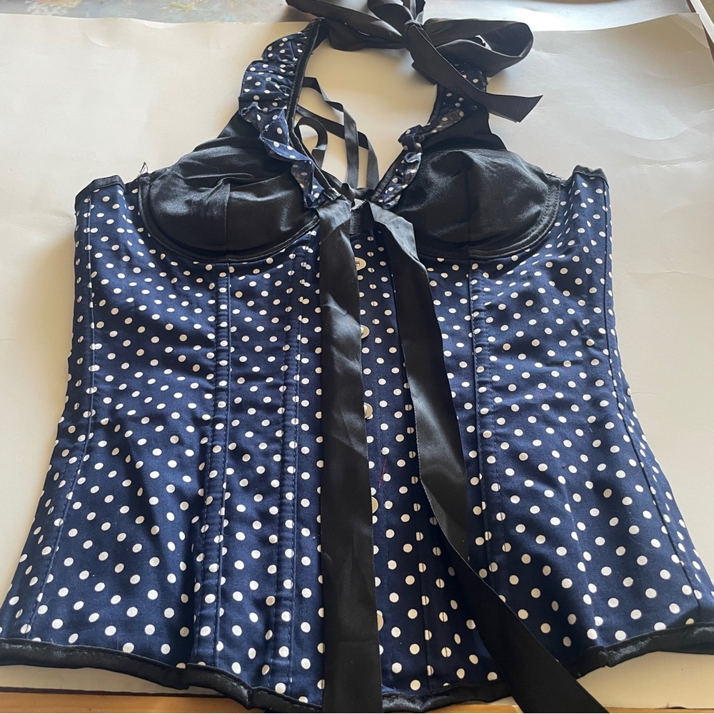 Corset Navy Polka Dot Halter Corset with Black Satin Trim